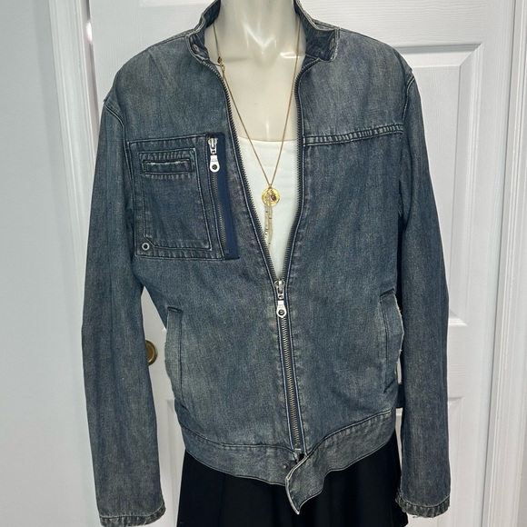 GUESS CAFE RACER jean jacket ZIP FRONT distressed blue denim UNISEX blue jean L - Picture 2 of 14